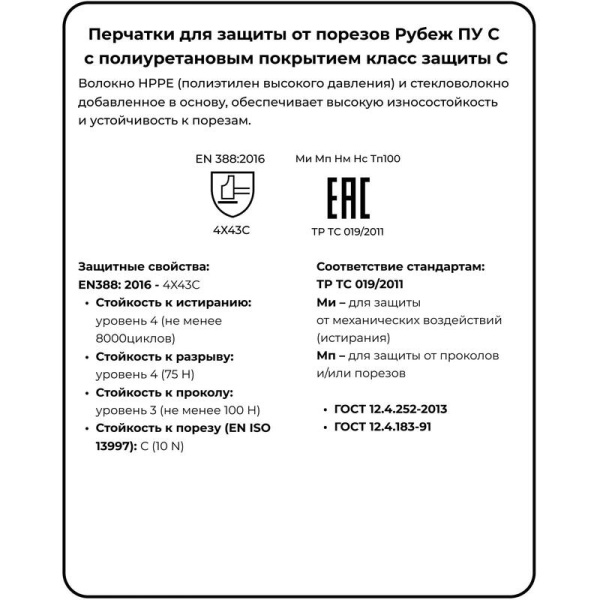 Перчатки для защиты от порезов Scaffa Рубеж ПУ С с полиуретановым  покрытием класс защиты C (10) (15 класс вязки, размер 7 (S))