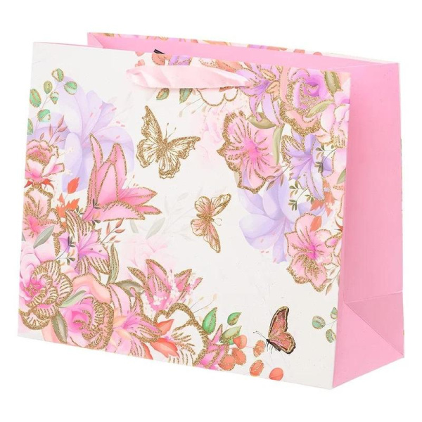 Пакет подарочный бумажный Цветы и бабочки (23x10x18 см)