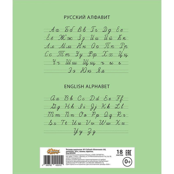 Тетрадь школьная зеленая №1 School Отличник А5 18 листов в линейку (10 штук в упаковке)