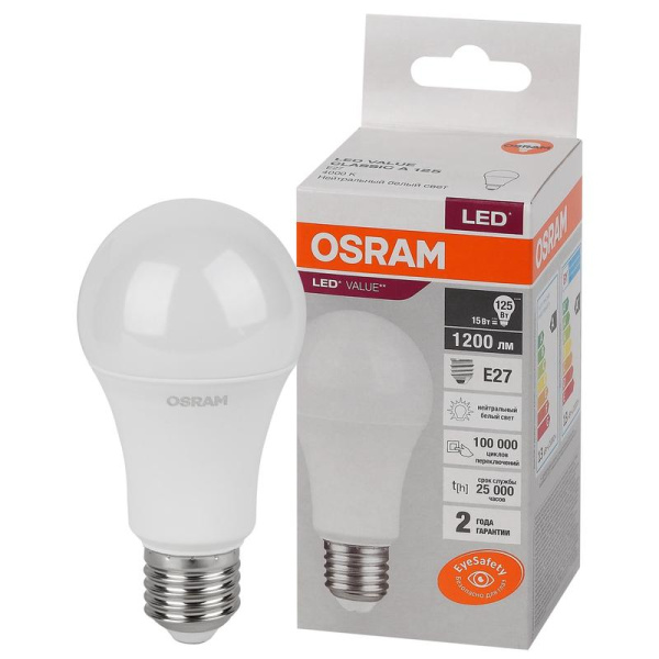 Лампа светодиодная Osram LED Value A груша 15Вт E27 4000K 1200Лм 220В  4058075579156