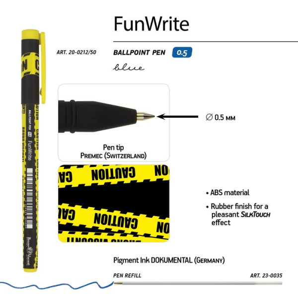 Ручка шариковая неавтоматическая Bruno Visconti FunWrite KeepAway  Caution синяя (толщина линии 0.38 мм)