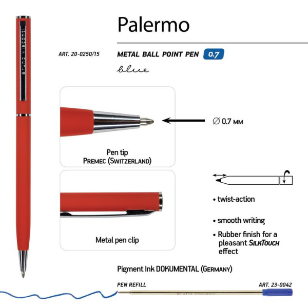 Ручка шариковая автоматическая Bruno Visconti Palermo цвет чернил синий  цвет корпуса красный (толщина линии 0.5 мм)