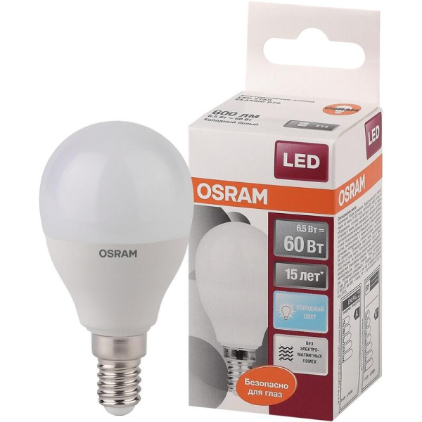 Лампа светодиодная Osram 6.5 Вт Е14 (Р, 4000 К, 600 Лм, 220 В,  4058075134263)