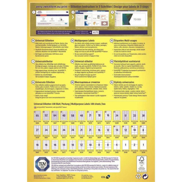 Этикетки самоклеящиеся Avery Zweckform белые 38х21.2 мм (65 штук на листе A4, 100 листов, артикул производителя 3666)