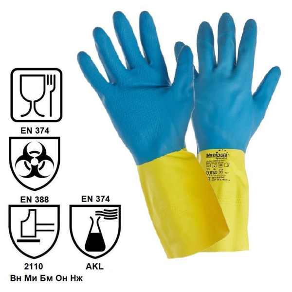 Перчатки Manipula Specialist Союз LN-F-05 из неопрена и латекса синие/желтые (размер 8, M)