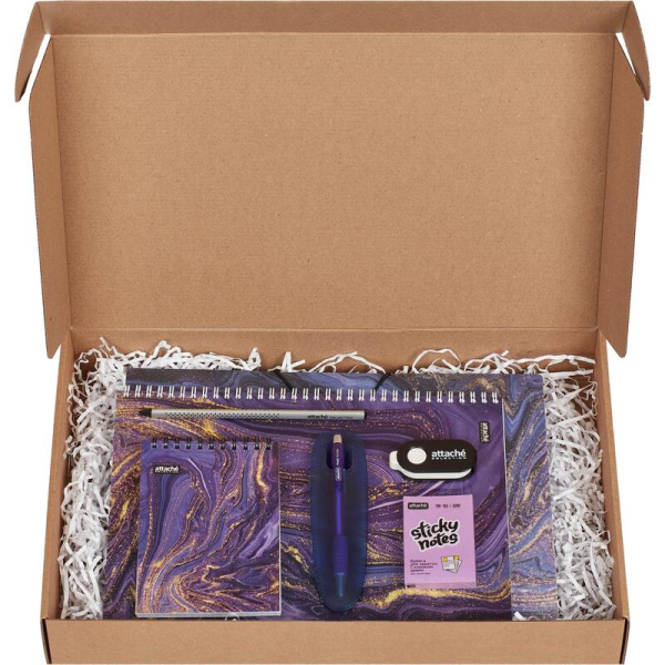 Набор канцелярский подарочный Attache Selection Fluid фиолетовый (бизнес-тетрадь, блокнот, папка на резинках, стикеры, ручка, карандаш, ластик)