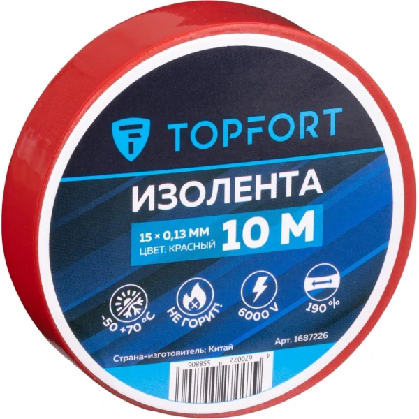Изолента TOPFORT ПВХ 15 мм x 10 м красная (1687226) Изолента TOPFORT ПВХ 15 мм x 10 м красная (1687226)