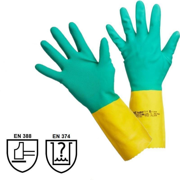 Перчатки латексные Vileda Professional Усиленные с неопреном повышенная прочность зеленые/желтые (размер 8.5-9, L, артикул производителя 120269)