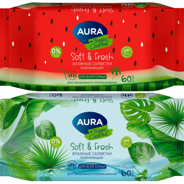 Салфетки влажные Aura Fresh Tropic Cocktail освежающие с мягким клапаном  (60 листов в пачке) Салфетки влажные Aura Fresh Tropic Cocktail освежающие с мягким клапаном  (60 листов в пачке)