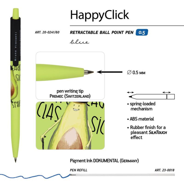 Ручка шариковая автоматическая Bruno Visconti HappyClick Avocado Classic цвет чернил синий цвет корпуса черный/зеленый (толщина линии 0.38 мм)