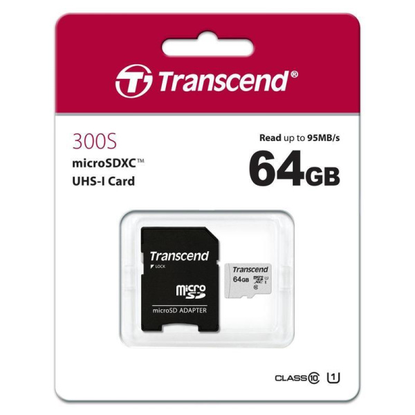 Карта памяти Transcend micro SDXC 64 Gb Class 10 (TS64GUSD300S-A)