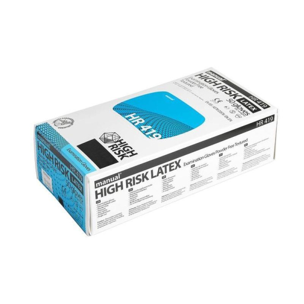 Перчатки медицинские смотровые латексные Manual HR419 High Risk нестерильные неопудренные синие размер S (50 штук в упаковке)