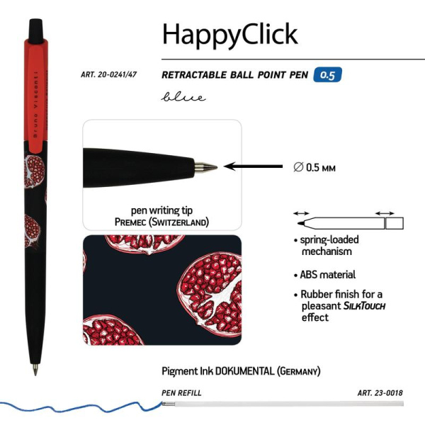 Ручка шариковая автоматическая Bruno Visconti HappyClick Гранат цвет чернил синий цвет корпуса черный/красный (толщина линии 0.38 мм)
