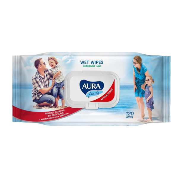 Влажные салфетки антибактериальные Aura Family 120 штук в упаковке