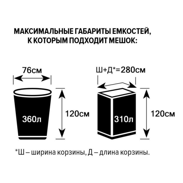 Мешки для мусора на 360 л Ромашка черные (ПВД, 40 мкм, в рулоне 5 штук,  120х160 см)