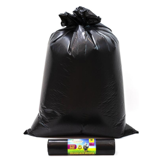 Мешки для мусора на 120 литров черные Mirpack (100 мкм, в рулоне 10 штук, 70х110 см)