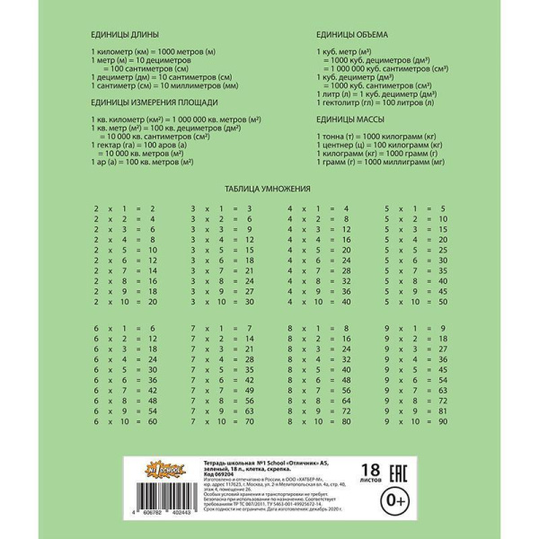 Тетрадь школьная зеленая №1 School Отличник А5 18 листов в клетку (10 штук в упаковке)
