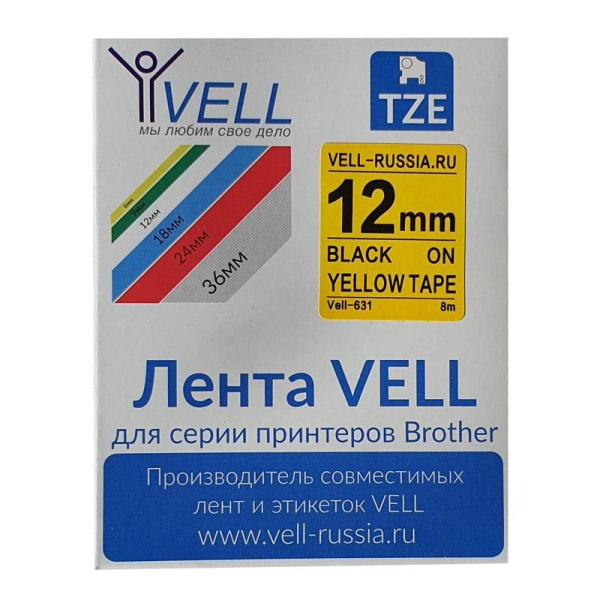 Картридж Vell VL-631 для принтера этикеток Brother (12 мм x 8 м, цвет  ленты  желтый, шрифт черный)