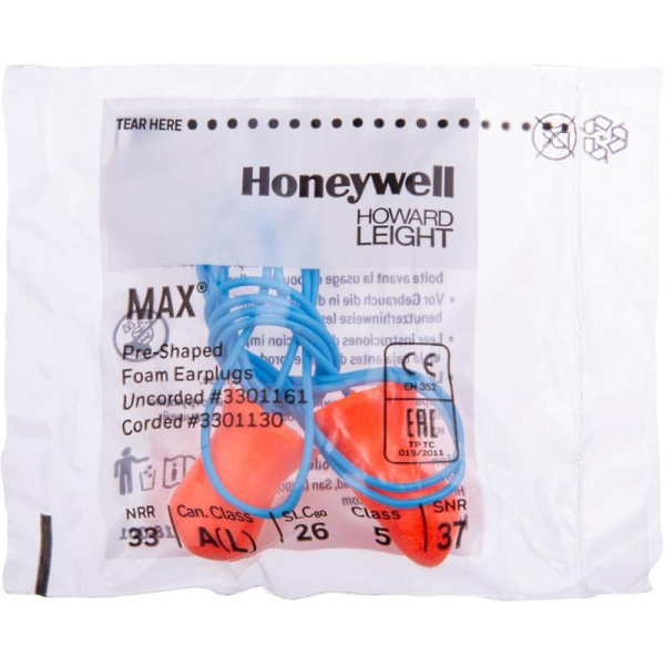 Беруши одноразовые Honeywell Max со шнурком (200 штук/100 пар в  упаковке, артикул производителя 3301130)