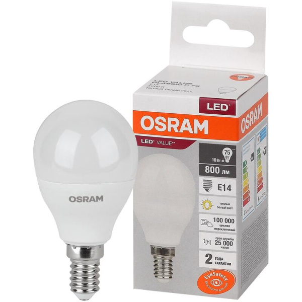 Лампа светодиодная Osram 10 Вт Е14 (Р, 3000 К, 800 Лм, 220 В,  4058075579712)
