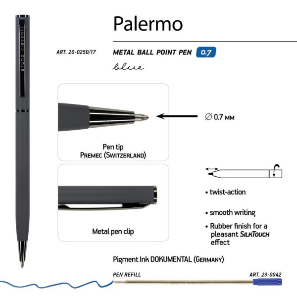 Ручка шариковая автоматическая Bruno Visconti Palermo цвет чернил синий  цвет корпуса графитовый (толщина линии 0.5 мм)