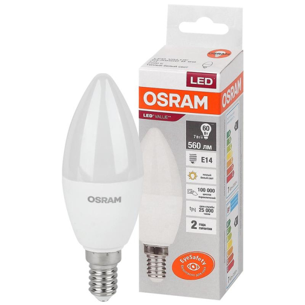 Лампа светодиодная Osram LED Value B свеча 7Вт E14 3000K 560Лм 220В  4058075578883