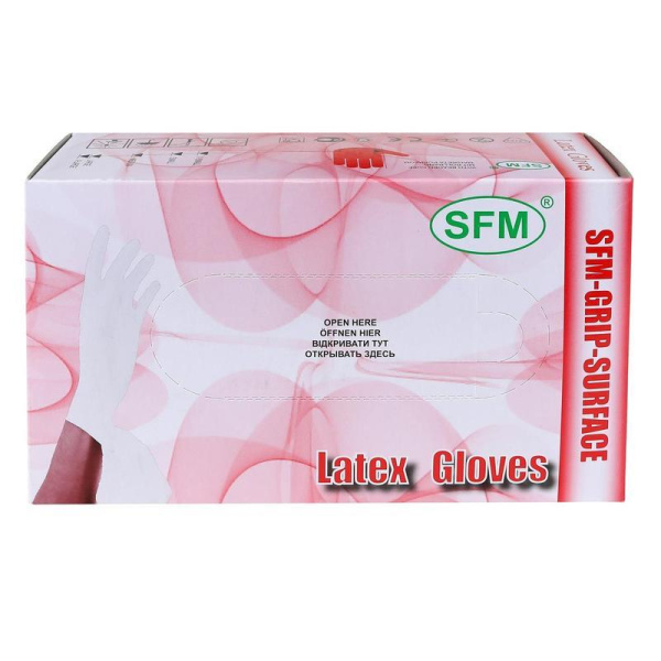 Перчатки медицинские смотровые латексные SFM нестерильные неопудренные бежевые размер XL (90 штук в упаковке)